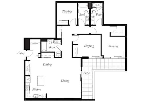 C4 - 3 Bed - 3 Bath - 1509 Sq Ft - 2D - Willow Apartments