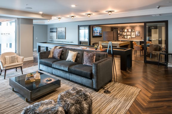 Resident clubhouse game room with billiards table - Onyx Edina