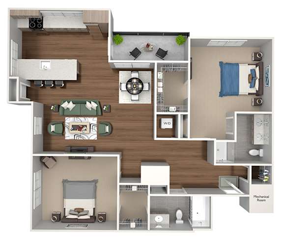 Lansdale Station Apartments - B3 floor plan - 2 bed 2 bath - 3D Floor Plan