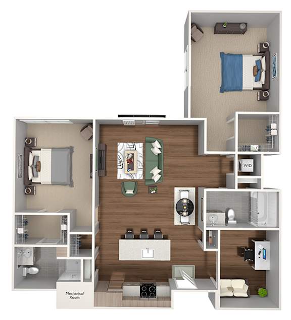 Lansdale Station Apartments - B4 floor plan - 2 bed 2 bath 1 den - 3D Floor Plan