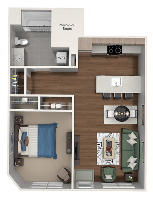 Lansdale Station Apartments - A3 floor plan - 1 bed 1 bath - 3D Floor Plan