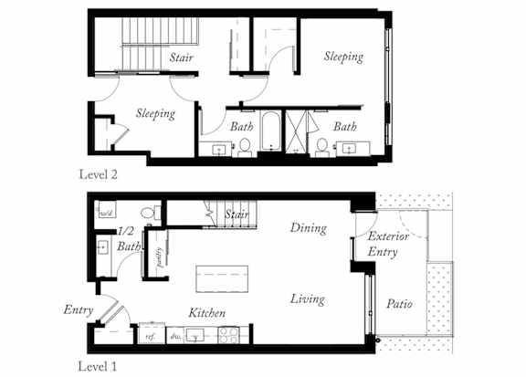 D1 - 2 Bed - 2 and a half Bath - Duplex - 1509 Sq Ft - 2D - Willow Apartments