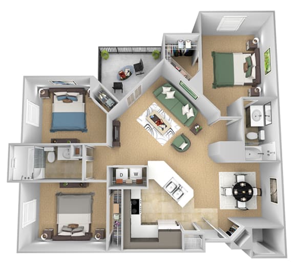 Asprey floor plan - C1 Eric - 3 bedroom and 2 bath - 3D Floor Plan