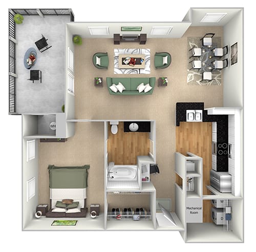 Island Park - A1 with larger porch - 1 bedroom and 1 bath - 3D