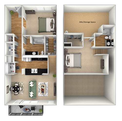 Harbor Town - B4 - 2 bedrooms and 2 bath - 3D