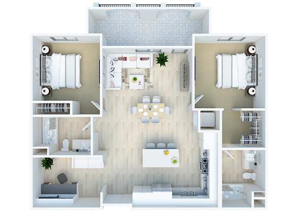 Navel - 2bed 2bath -1163 sq ft - 3D Floor Plan