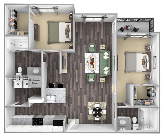 Centre Pointe Apartments - B7 - 2 bedrooms and 2 bath - 3D