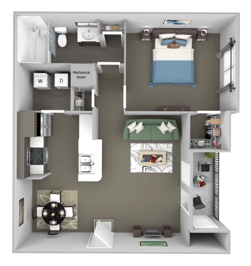 The Colony at Deerwood Apartments floor plan A1 (The Glen) - 1 bed 1 bath - 3D