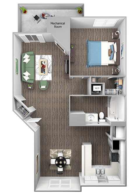 The Cascades Apartments - Newberry - 3D floor plan - 1 bed 1 bath