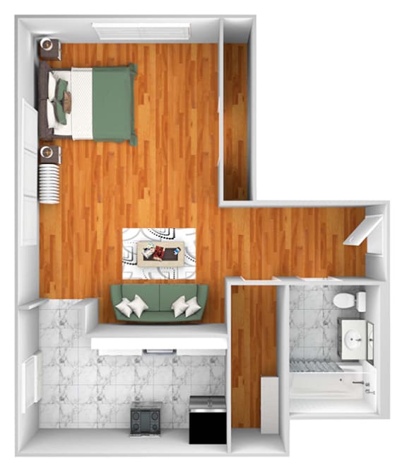 John Winthrop A2 floor plan studio 1 bath 3D