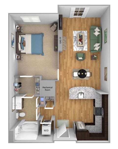 Urban Green Apartments A3 floor plan - 1 bed 1 bath - 3D