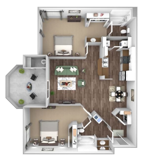 Arrowhead Landing Apartments floor plan B1 Beacon 2 bedroom 2 bath 3D