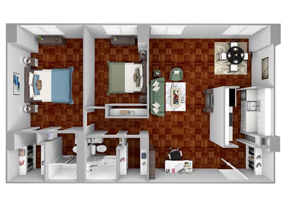 B1 floor plan 2 bedrooms 2 bathrooms 3D