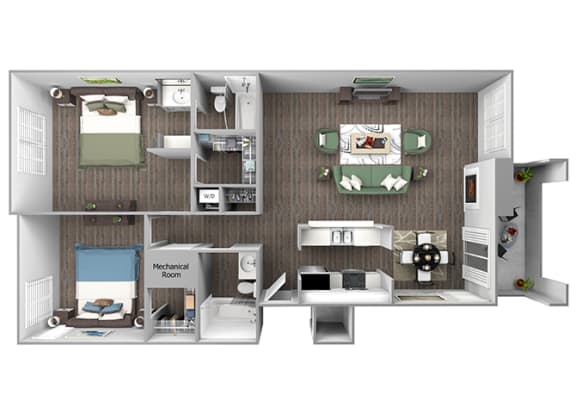 The Cascades Apartments - Lassen 3D floor plan - 2 bed 2 bath