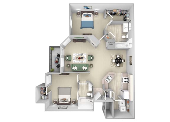 Versant Place Apartments B2 Camellia 3D floor plan 2 bedroom 2 bath