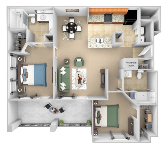 Cordillera Ranch Apartments floor plan B2 (Paloma) - 2 bed 2 bath - 3D