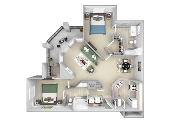 Versant Place Apartments B3 Dogwood 3D floor plan 2 bed 2 bath