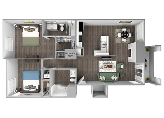 The Cascades Apartments - Diamond 3D floor plan - 2 bed 2 bath