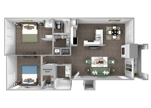 The Cascades Apartments - Baker 3D floor plan - 2 bed 2 bath