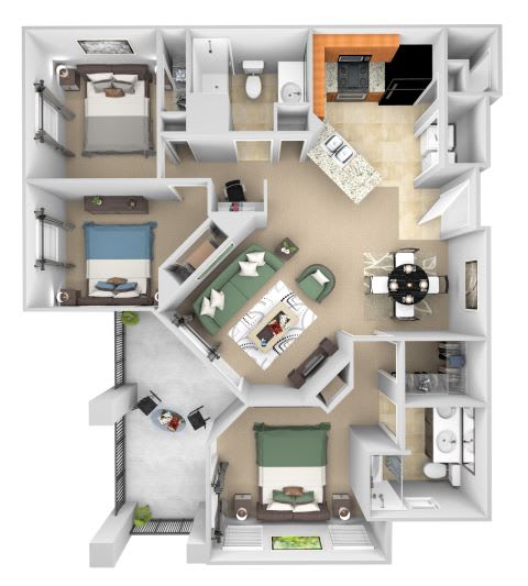 Cordillera Ranch Apartments floor plan C1 (Estela) - 3 bed 2 bath - 3D