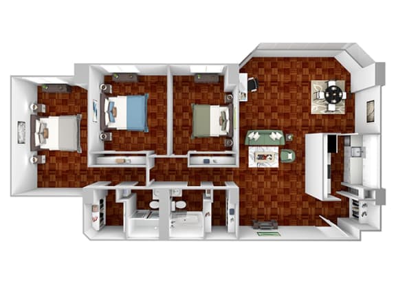 C1 floor plan 3 bedrooms 2 baths 3D
