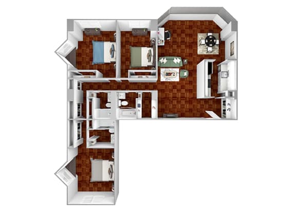 C2 floor plan 3 bedrooms 2 bathrooms 3D