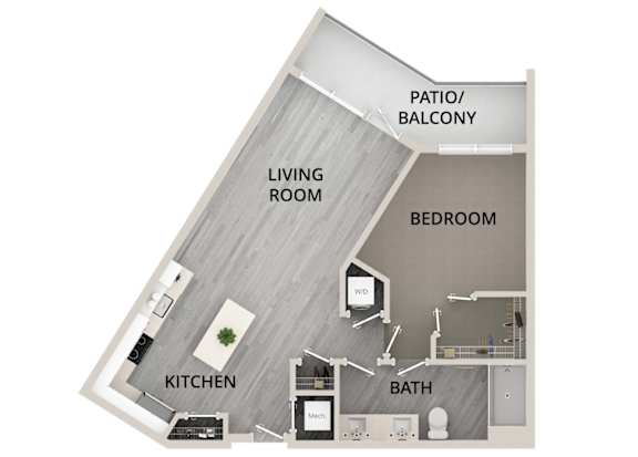 A14 - 1Bed 1Bath - Rockwell at Crown - 2D Floor Plan