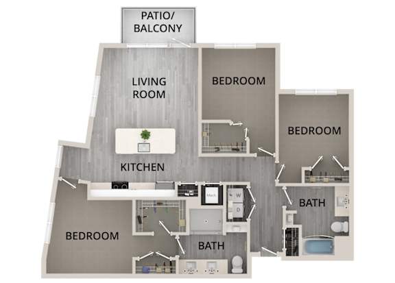 A diagram of a house layout with a living room, kitchen, and three bedrooms.