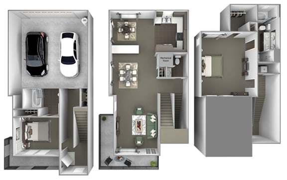 Foothills at Old Town - th-H1 (Blue Oak) - 2 bedrooms and 2.5 bath - 3D floor plan