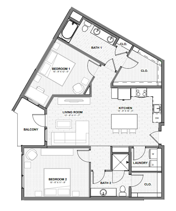 A black and white image of a house floor plan with two bedrooms, a living room, a kitchen, a laundry room, and a balcony.