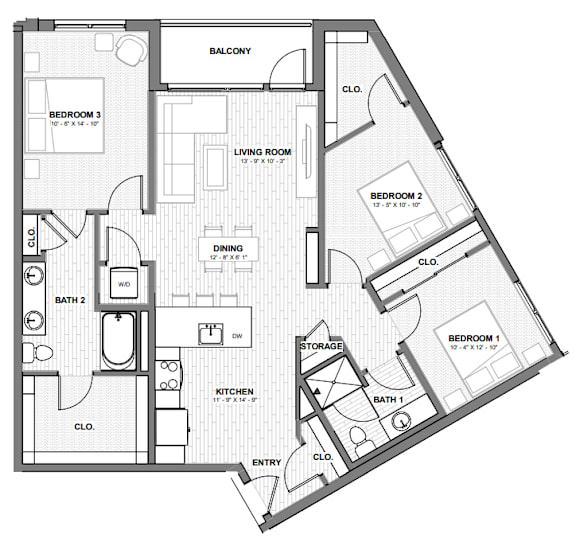 A floor plan of an apartment with a balcony, two bedrooms, a living room, a dining room, a kitchen, two bathrooms, storage, and an entry.