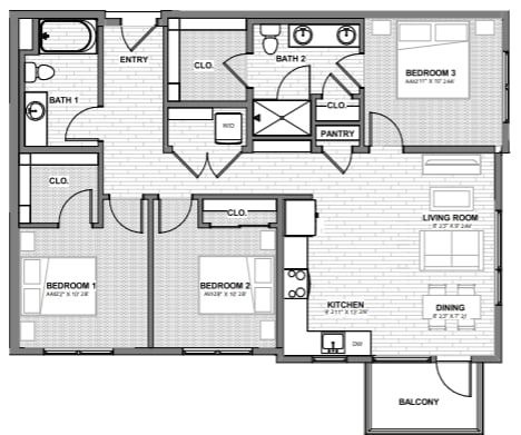 A black and white floor plan of an apartment with three bedrooms, a living room, a kitchen, a pantry, and a balcony.