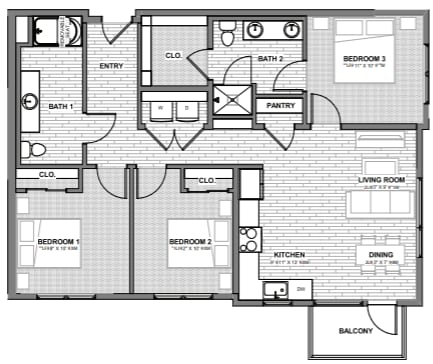 A black and white floor plan of an apartment with labeled rooms.