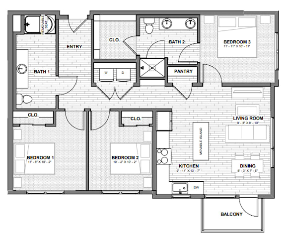 A black and white floor plan of an apartment with two bedrooms, a living room, a kitchen, a dining area, a pantry, two bathrooms, and a balcony.