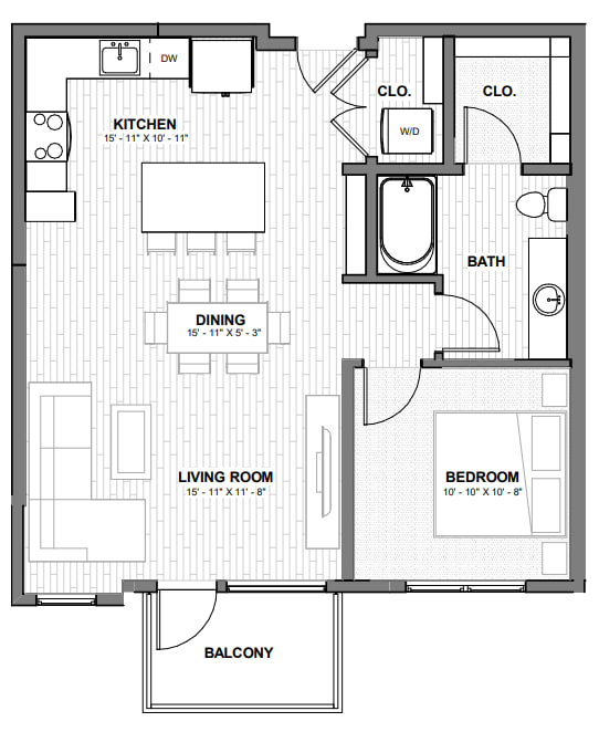 A black and white image of a house floor plan with a kitchen, dining room, living room, two bedrooms, a bathroom, and a balcony.