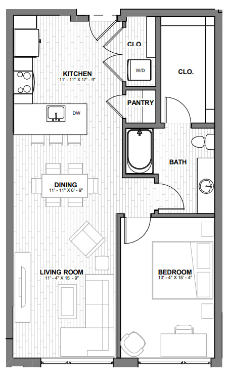 A floor plan of an apartment with a living room, dining room, kitchen, bathroom, pantry, and two bedrooms.