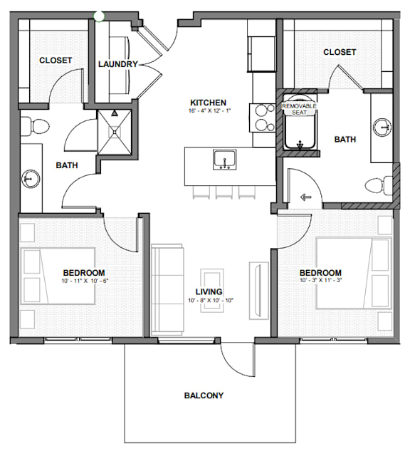 A floor plan of a house with two bedrooms, a living room, a kitchen, a bath, a laundry area, and a closet.