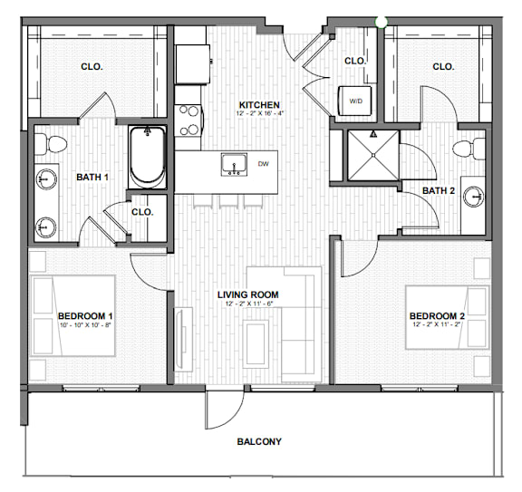 A black and white floor plan of a house with two bedrooms, a living room, a kitchen, a bathroom, and a balcony.