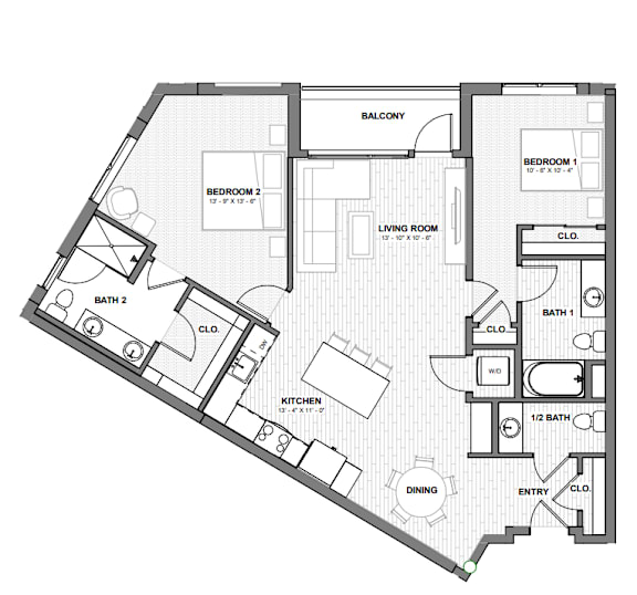 A black and white floor plan of a house with two bedrooms, a living room, a kitchen, two bathrooms, and a balcony.