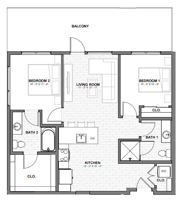A floor plan of a balcony with two bedrooms, a living room, a kitchen, and two bathrooms.