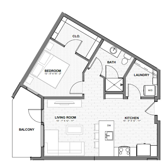 A floor plan of a house with a living room, kitchen, bedroom, bathroom, laundry, and balcony.