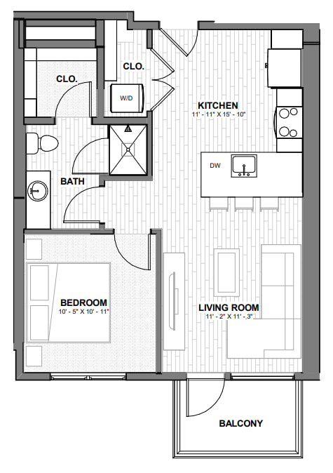 A floor plan of a house with a kitchen, living room, bedroom, and bathroom.