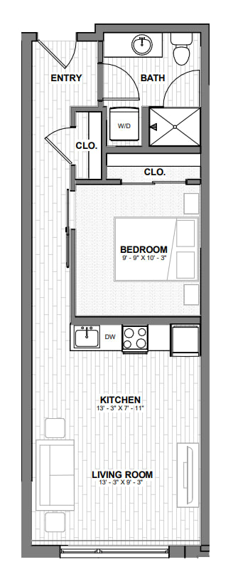 A floor plan of a small apartment with a bedroom, living room, kitchen, and bathroom.
