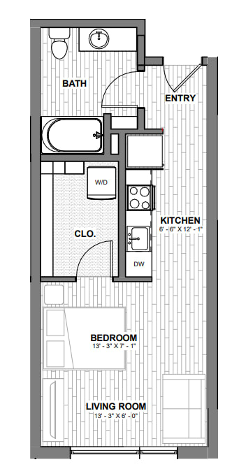 A floor plan of a small apartment with a living room, bedroom, kitchen, cloakroom and bathroom.
