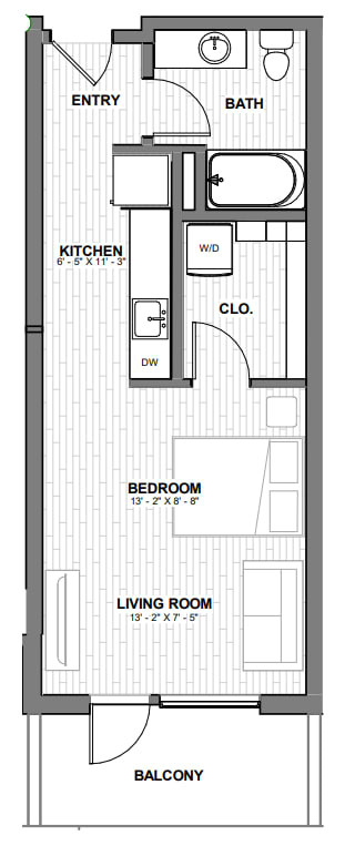 A floor plan of an apartment with a balcony.