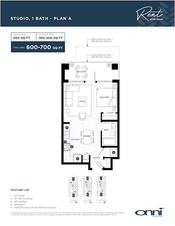 A floor plan for a studio apartment with one bathroom is displayed.