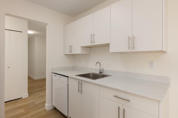 A kitchen with white cabinets and a white sink.