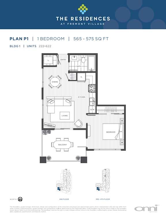 A blue and white floor plan for a one bedroom apartment.