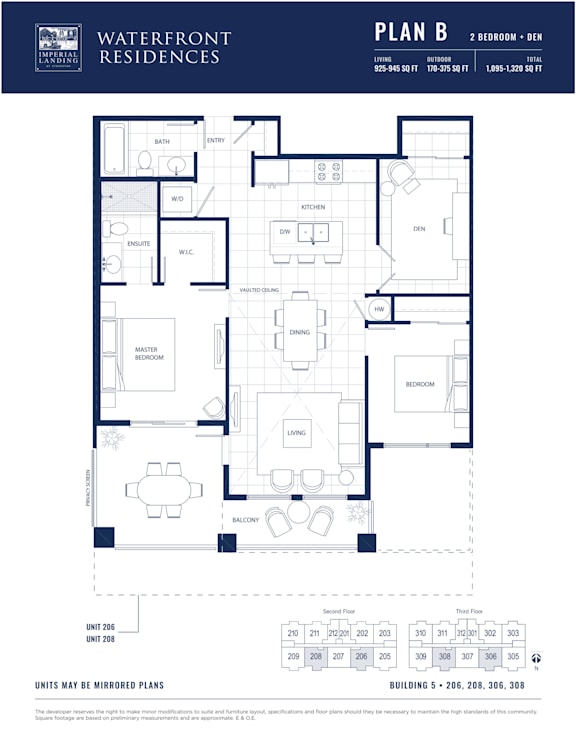 A floor plan for a 2 bedroom, den apartment at Waterfront Residences.