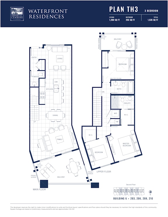 A floor plan for the Waterfront Residences Plan TH3, a 3-bedroom apartment.
